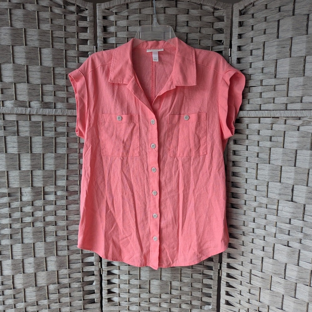 Isabel Maternity Button Up Top Pink Linen Blend Short Sleeve XS Utility Preppy